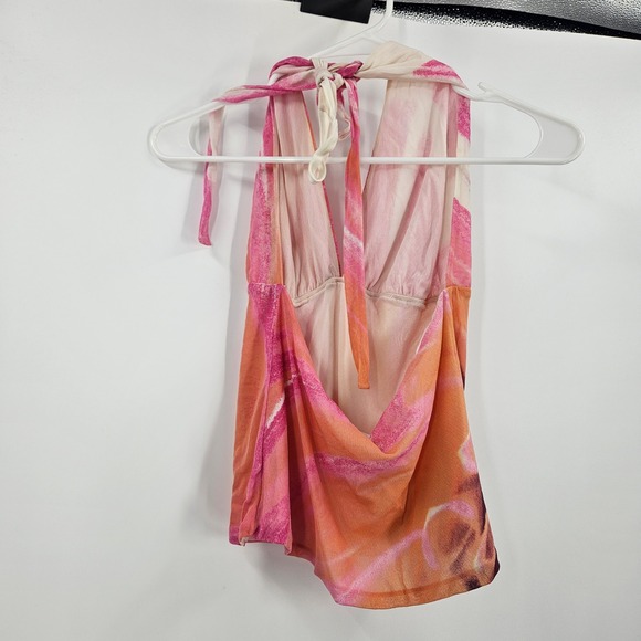 Vintage y2k Vivienne Tam Halter Top Pink Orange Abstract Mesh Festival Size 2 - Picture 4 of 6